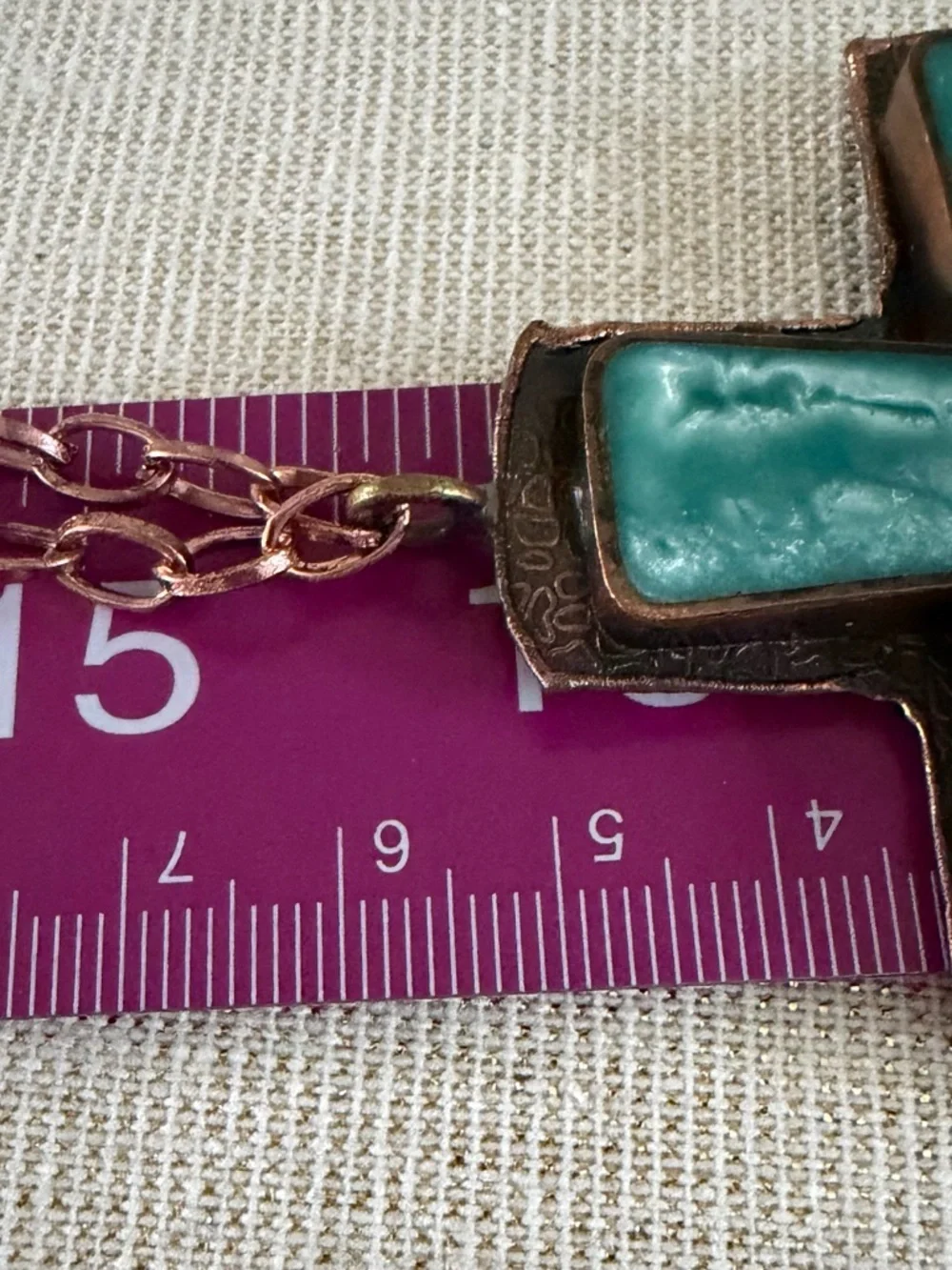 Copper Turquoise Cross Pendant Long Chain Necklace